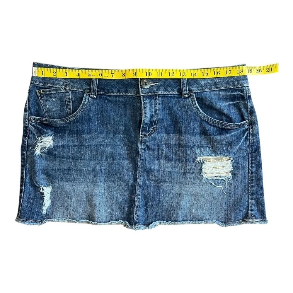 ELLE Distress Denim Mini Skirt Size 12 gold sequins patch